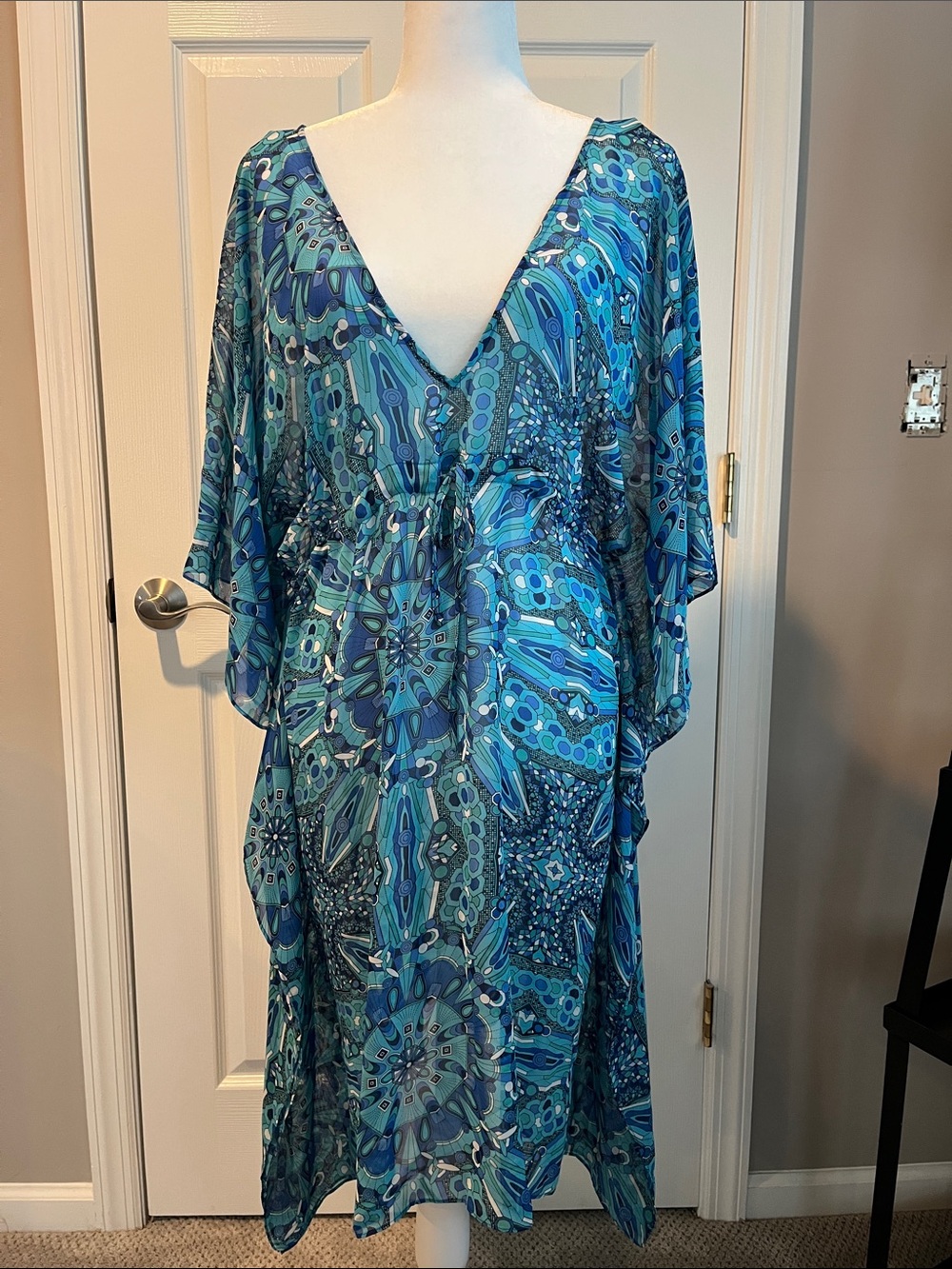 Echo Blue Multi-Print V-Neck Swim Coverup Kaftan